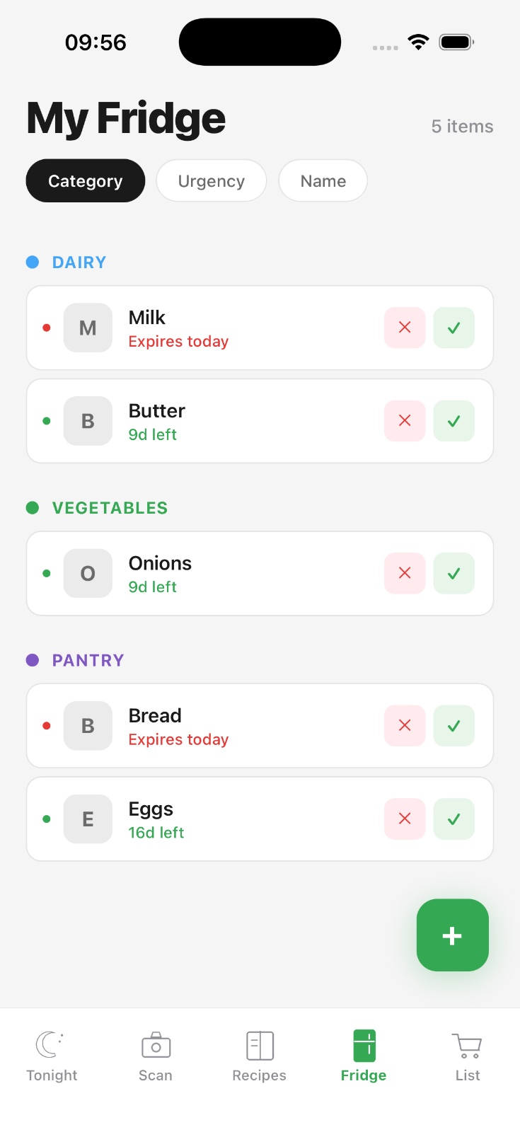 Eco Kitchen fridge inventory grouped by dairy, vegetables, and pantry